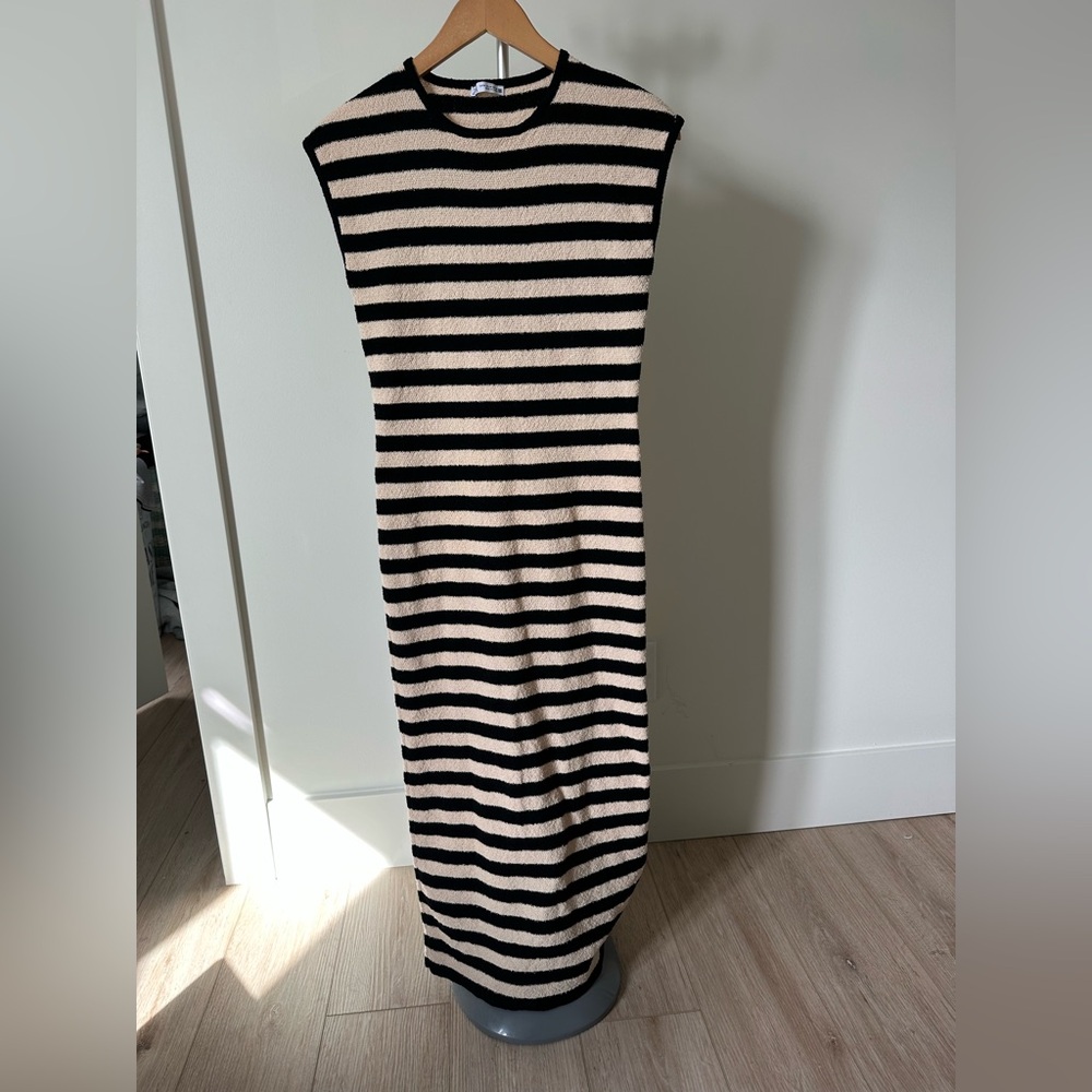 Zara Black Cream Striped Knit Maxi Dress | Bodycon Sleeveless Midi/Maxi Size M